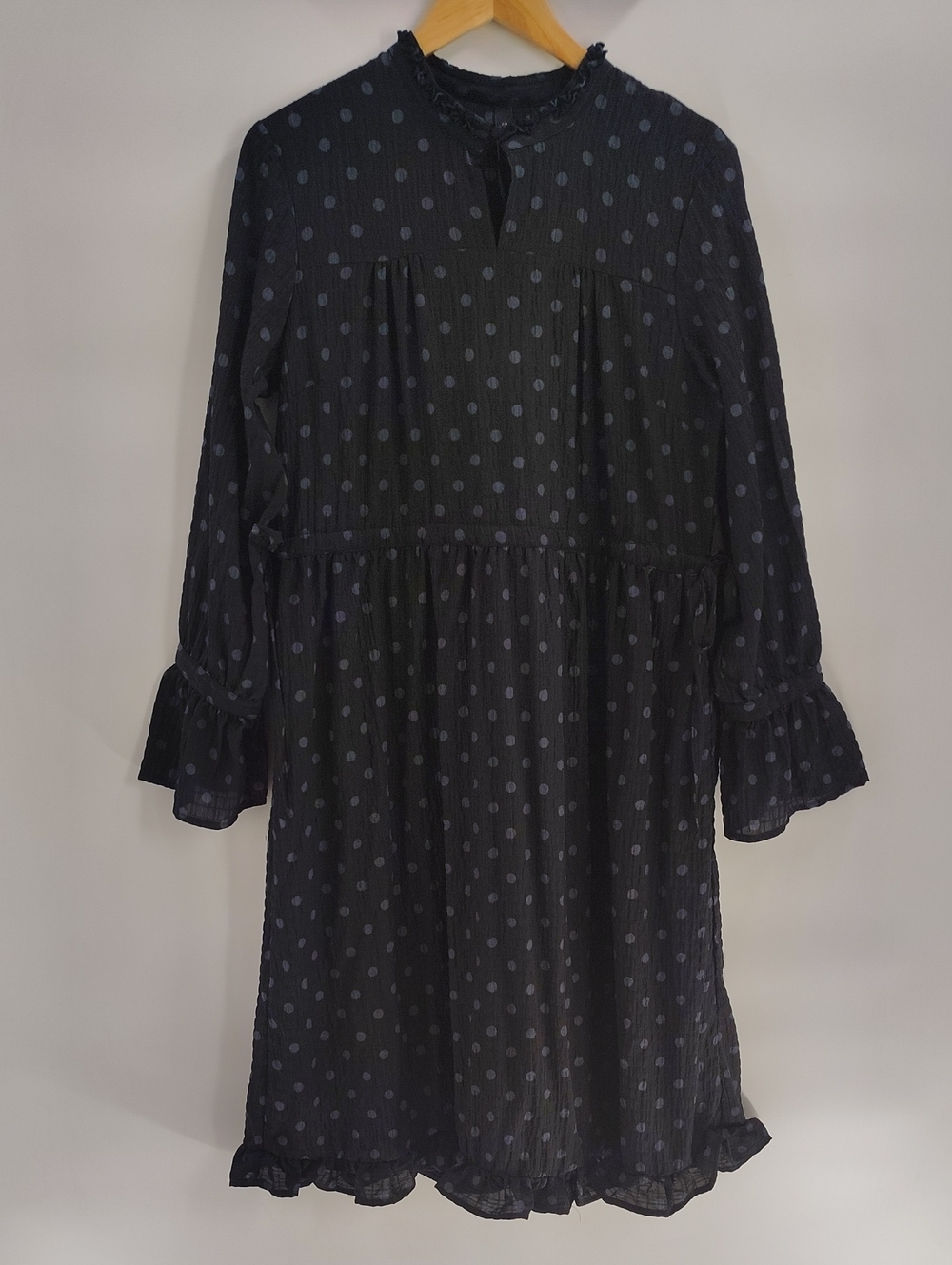 Y.A.S. Dress Large Two-toned Blue Polka Dot Midi Drawstring Waist Ruffle NWT